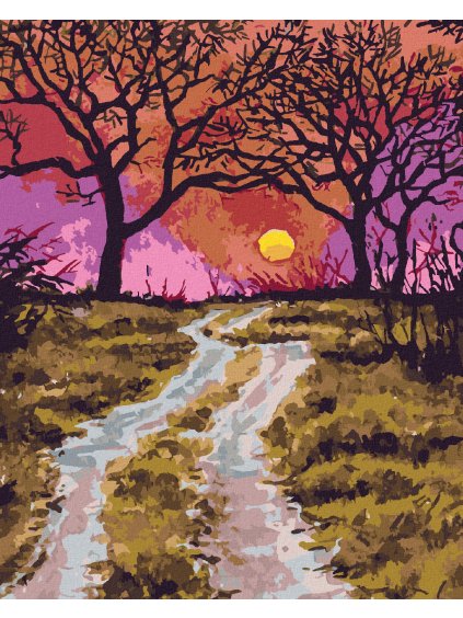 Diamantové maľovanie - CESTIČKA NA JESEŇ A ZÁPAD SLNKA (Rámovanie bez rámu a bez vypnutia plátna, Rozmer 40x50 cm)