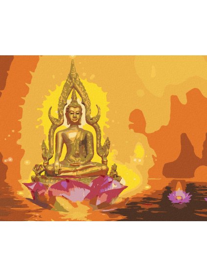 Diamantové maľovanie - BUDDHA V LOTOSE A ORANŽOVÉ POZADIE (Rámovanie bez rámu a bez vypnutia plátna, Rozmer 40x50 cm)