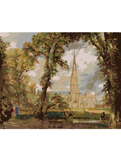 Diamantové maľovanie - POHĽAD NA KATEDRÁLU V SALISBURY (JOHN CONSTABLE) (Rámovanie bez rámu a bez vypnutia plátna, Rozmer 40x50 cm)