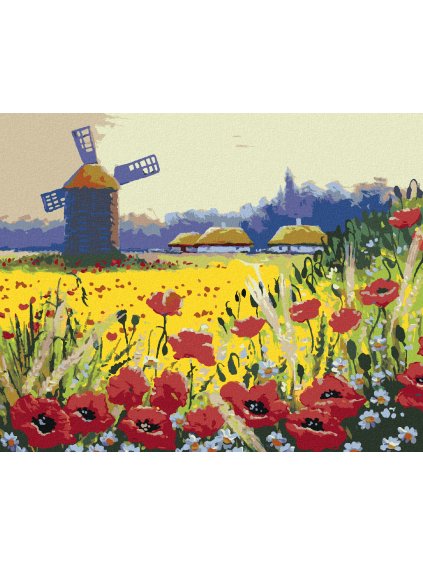 Diamantové maľovanie - VETERNÝ MLYN A VLČÍ MAK (Rámovanie bez rámu a bez vypnutia plátna, Rozmer 40x50 cm)