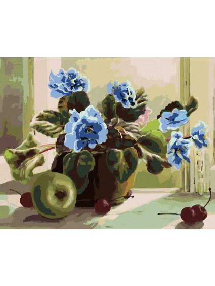 Diamantové maľovanie - MODRÉ KVETY A OVOCIE (Rámovanie bez rámu a bez vypnutia plátna, Rozmer 40x50 cm)