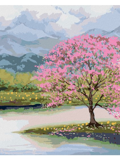 Diamantové maľovanie - ROZKVITNUTÁ SAKURA PRI VODE (Rámovanie bez rámu a bez vypnutia plátna, Rozmer 40x50 cm)