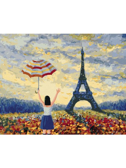 Diamantové maľovanie - EIFFELOVA VEŽA A ŽENA S DÁŽDNIKOM (Rámovanie bez rámu a bez vypnutia plátna, Rozmer 40x50 cm)