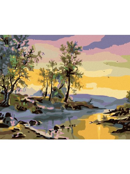 Diamantové maľovanie - ZÁPAD SLNKA NAD RIEKOU (Rámovanie bez rámu a bez vypnutia plátna, Rozmer 40x50 cm)