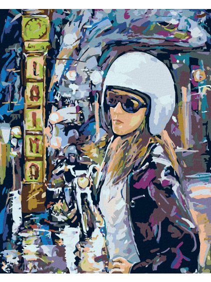 Diamantové maľovanie - MOTORKÁRKA V MESTE (Rámovanie bez rámu a bez vypnutia plátna, Rozmer 40x50 cm)