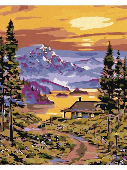 Diamantové maľovanie - CESTA KU CHATE PRI JAZERE (Rámovanie bez rámu a bez vypnutia plátna, Rozmer 40x50 cm)