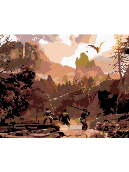 Diamantové maľovanie - LOVCI V HORÁCH (Rámovanie bez rámu a bez vypnutia plátna, Rozmer 40x50 cm)