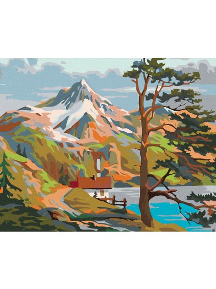 Diamantové maľovanie - DOMČEK PRI JAZERE POD HORAMI (Rámovanie bez rámu a bez vypnutia plátna, Rozmer 40x50 cm)