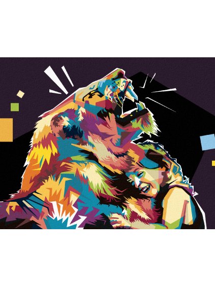 Diamantové maľovanie - FAREBNÝ LEV A DIEVČA (Rámovanie bez rámu a bez vypnutia plátna, Rozmer 40x50 cm)