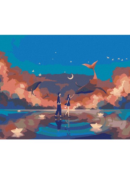 Diamantové maľovanie - PÁR NA MORI A VEĽRYBY (Rámovanie bez rámu a bez vypnutia plátna, Rozmer 40x50 cm)