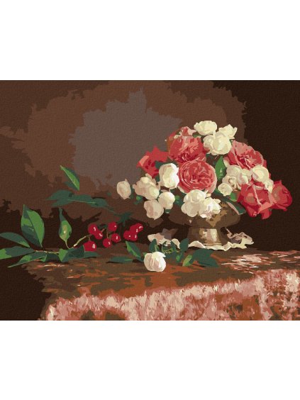 Diamantové maľovanie - KVETY VO VÁZE A ČEREŠNE (Rámovanie bez rámu a bez vypnutia plátna, Rozmer 40x50 cm)