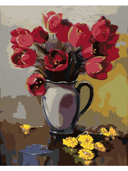 Diamantové maľovanie - TULIPÁNY VO VÁZE A PÚPAVY NA STOLE (Rámovanie bez rámu a bez vypnutia plátna, Rozmer 40x50 cm)