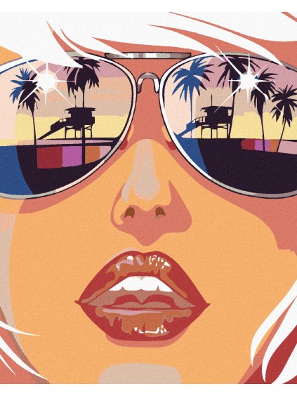 Diamantové maľovanie - ŽENA V OKULIAROCH A ODRAZ PALIEM (Rámovanie bez rámu a bez vypnutia plátna, Rozmer 40x50 cm)