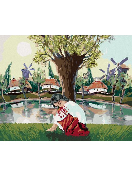 Diamantové maľovanie - DIEVČA PRI JAZERE (Rámovanie bez rámu a bez vypnutia plátna, Rozmer 40x50 cm)