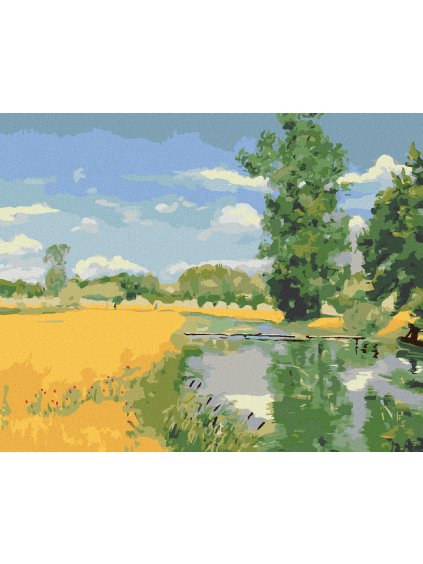 Diamantové maľovanie - RIEKA PRETEKAJÚCA KRAJINOU V DOBE ZBERU (H. A. BRENDEKILDE) (Rámovanie bez rámu a bez vypnutia plátna, Rozmer 40x50 cm)