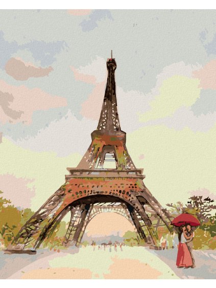 Diamantové maľovanie - EIFFELOVA VEŽA A ŽENA S ČERVENÝM DÁŽDNIKOM (Rámovanie bez rámu a bez vypnutia plátna, Rozmer 40x50 cm)