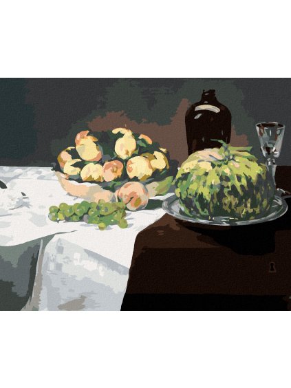 Diamantové maľovanie - ZÁTIŠIE S MELÓNOM A BROSKYŇAMI (ÉDOUARD MANET) (Rámovanie bez rámu a bez vypnutia plátna, Rozmer 40x50 cm)