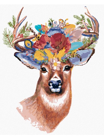 Diamantové maľovanie - JELEŇ A KVETINOVÁ KORUNA (Rámovanie bez rámu a bez vypnutia plátna, Rozmer 40x50 cm)