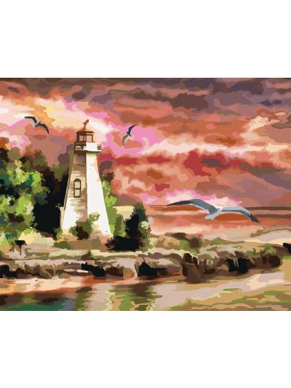 Diamantové maľovanie - MAJÁK A ČAJKY (Rámovanie bez rámu a bez vypnutia plátna, Rozmer 40x50 cm)