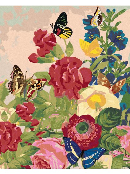 Diamantové maľovanie - MOTÝLE A PESTRÉ KVETY (Rámovanie bez rámu a bez vypnutia plátna, Rozmer 40x50 cm)