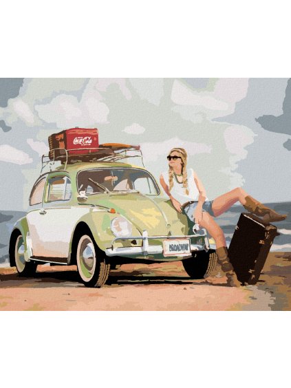 Diamantové maľovanie - ZELENÉ AUTO CHROBÁK A ŽENA S KUFROM (Rámovanie bez rámu a bez vypnutia plátna, Rozmer 40x50 cm)