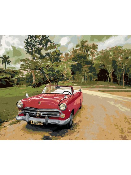 Diamantové maľovanie - ČERVENÉ AUTO NA CESTE (Rámovanie bez rámu a bez vypnutia plátna, Rozmer 40x50 cm)