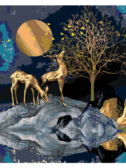 Diamantové maľovanie - ZLATÝ JELEŇ NA SKALE (Rámovanie bez rámu a bez vypnutia plátna, Rozmer 40x50 cm)
