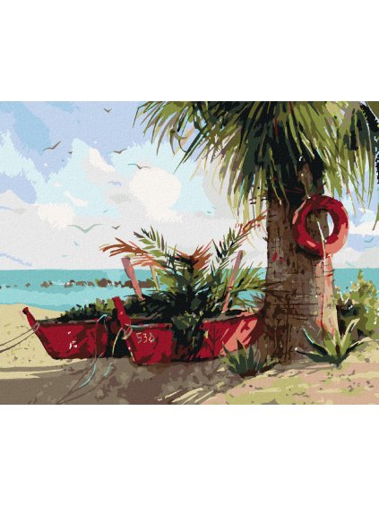 Diamantové maľovanie - PALMA A DVE LOĎKY (Rámovanie bez rámu a bez vypnutia plátna, Rozmer 40x50 cm)