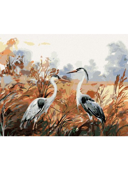 Diamantové maľovanie - JESENNÁ KRAJINA S ŽERIAVMI (Rámovanie bez rámu a bez vypnutia plátna, Rozmer 40x50 cm)