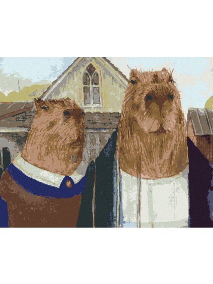 Diamantové maľovanie - KAPYBARY AMERICKÁ GOTIKA (Rámovanie bez rámu a bez vypnutia plátna, Rozmer 40x50 cm)