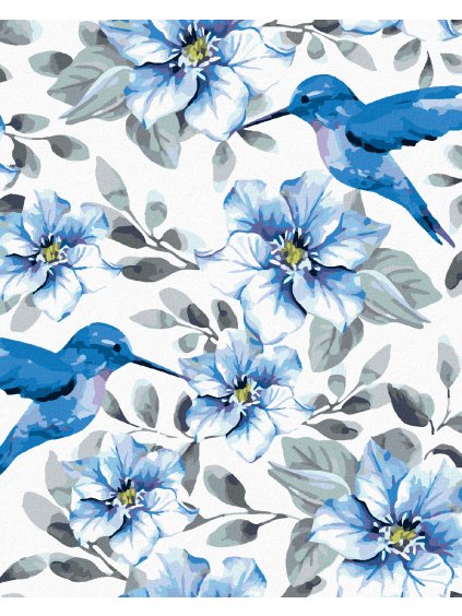 Diamantové maľovanie - MODRÉ KVETY A KOLIBRÍKY (Rámovanie bez rámu a bez vypnutia plátna, Rozmer 40x50 cm)