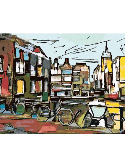 Diamantové maľovanie - AMSTERDAMSKÉ BICYKLE V KUBIZME (Rámovanie bez rámu a bez vypnutia plátna, Rozmer 40x50 cm)
