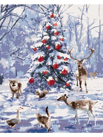 Diamantové maľovanie - ZVIERATÁ PRI VIANOČNOM STROMČEKU (Rámovanie bez rámu a bez vypnutia plátna, Rozmer 40x50 cm)
