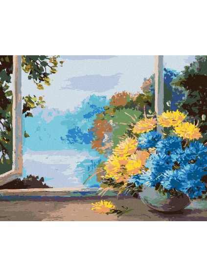 Diamantové maľovanie - KYTICE JARNÝCH KVETÍN PRI OKNE (Rámovanie bez rámu a bez vypnutia plátna, Rozmer 40x50 cm)