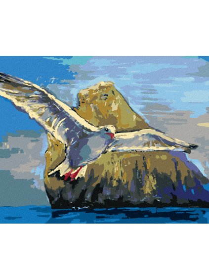 Diamantové maľovanie - ČAJKA LETIACA OKOLO KAMEŇA (Rámovanie bez rámu a bez vypnutia plátna, Rozmer 40x50 cm)