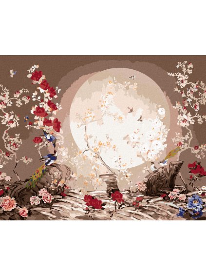 Diamantové maľovanie - JAPONSKO MESAČNÁ KRAJINA S VTÁČIKMI (Rámovanie bez rámu a bez vypnutia plátna, Rozmer 40x50 cm)