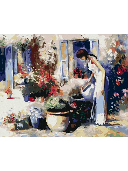 Diamantové maľovanie - DIEVČA ZALIEVAJÚCE KVETY (Rámovanie bez rámu a bez vypnutia plátna, Rozmer 40x50 cm)