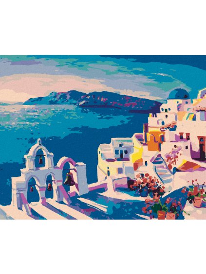 Diamantové maľovanie - SANTORINI SO ZVONMI (Rámovanie bez rámu a bez vypnutia plátna, Rozmer 40x50 cm)