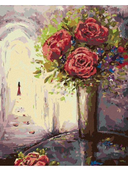 Diamantové maľovanie - RUŽA VO VÁZE A ŽENA V ĎIALKE (Rámovanie bez rámu a bez vypnutia plátna, Rozmer 40x50 cm)