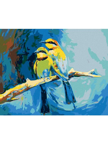 Diamantové maľovanie - FAREBNÉ VTÁČIKY NA MODROM POZADÍ (Rámovanie bez rámu a bez vypnutia plátna, Rozmer 40x50 cm)