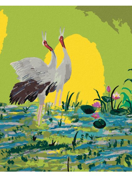 Diamantové maľovanie - DVA ŽERIAVY NA ZELENOM POZADIÍ (Rámovanie bez rámu a bez vypnutia plátna, Rozmer 40x50 cm)