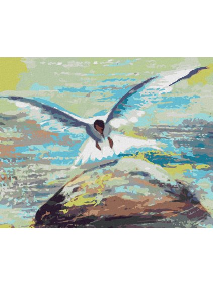 Diamantové maľovanie - ČAJKA LETIACA NAD KAMEŇOM (Rámovanie bez rámu a bez vypnutia plátna, Rozmer 40x50 cm)