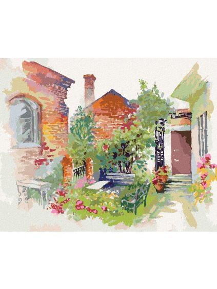 Diamantové maľovanie - EURÓPSKA KRAJINA S DOMAMI A KVETMI (Rámovanie bez rámu a bez vypnutia plátna, Rozmer 40x50 cm)