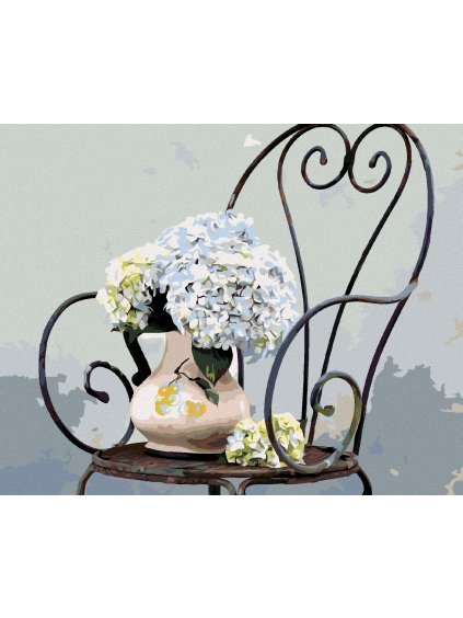 Diamantové maľovanie - HORTENZIE VO VÁZE NA STOLIČKE (Rámovanie bez rámu a bez vypnutia plátna, Rozmer 40x50 cm)