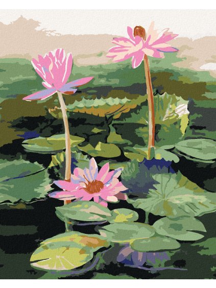 Diamantové maľovanie - TRI RUŽOVÉ LEKNÍNY NA JAZERE (Rámovanie bez rámu a bez vypnutia plátna, Rozmer 40x50 cm)