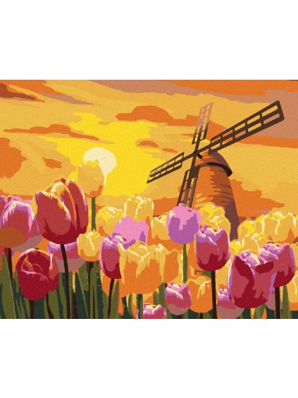 Diamantové maľovanie - KRÁSNE TULIPÁNY S VETERNÝM MLYNOM (Rámovanie bez rámu a bez vypnutia plátna, Rozmer 40x50 cm)