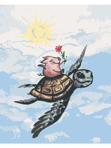 Diamantové maľovanie - PRASA LETIACE NA KORYTNAČKE (Rámovanie bez rámu a bez vypnutia plátna, Rozmer 40x50 cm)