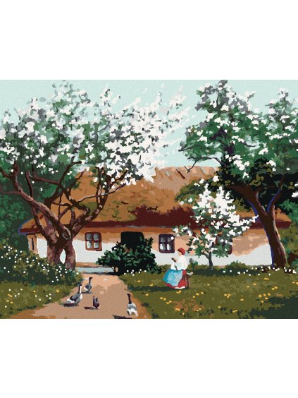 Diamantové maľovanie - JARNÉ RÁNO NA DEDINE (Rámovanie bez rámu a bez vypnutia plátna, Rozmer 40x50 cm)