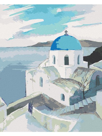 Diamantové maľovanie - KOSTOL S MODROU KOPULOU NA SANTORINI (Rámovanie bez rámu a bez vypnutia plátna, Rozmer 40x50 cm)