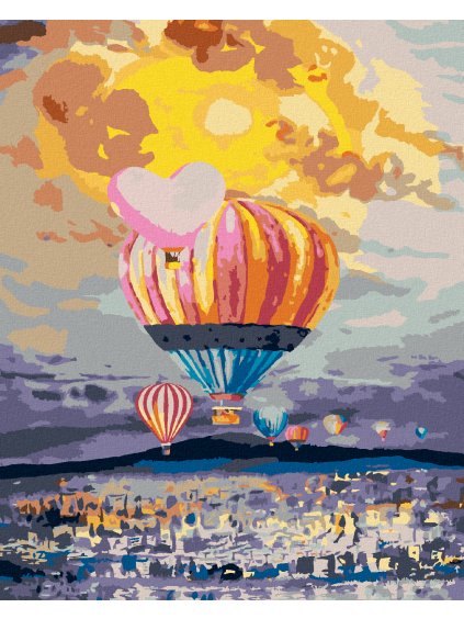 Diamantové maľovanie - HOROVZDUŠNÉ BALÓNY NAD MESTOM (Rámovanie bez rámu a bez vypnutia plátna, Rozmer 40x50 cm)